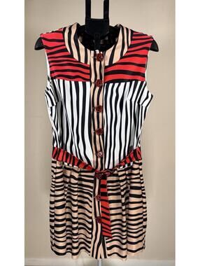 Sharon Tang Mixed Stripe Sleeveless Fit Flare Dress Belted Black Tan Red Size L